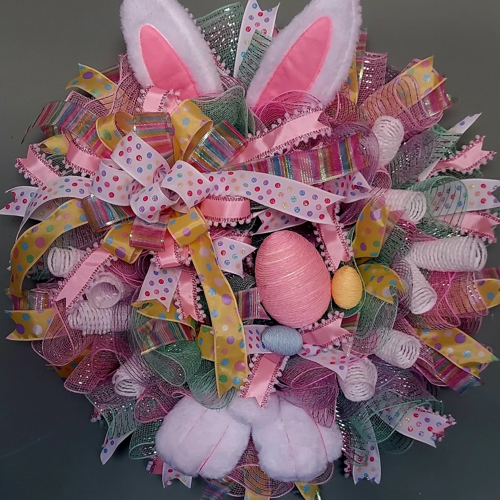 Hand Crafted Pink and Yellow Easter Bunny Wreath